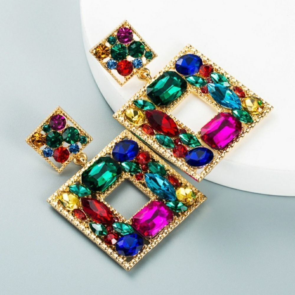 Jewel Tone Rhinestone Geometric Statement Earrings - Picture 3 of 11